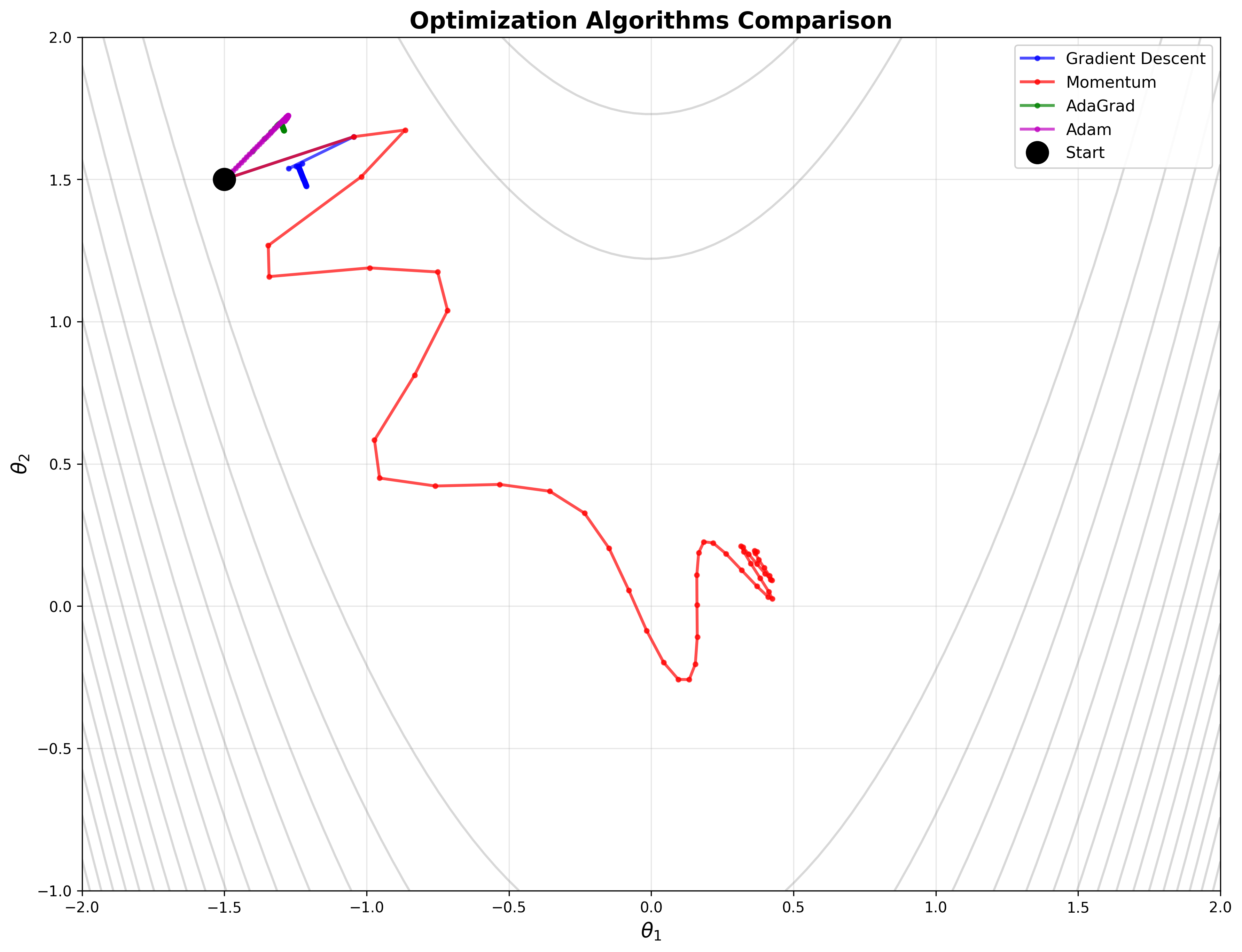 Comparison of optimization algorithms: Gradient Descent, Momentum, AdaGrad, and Adam